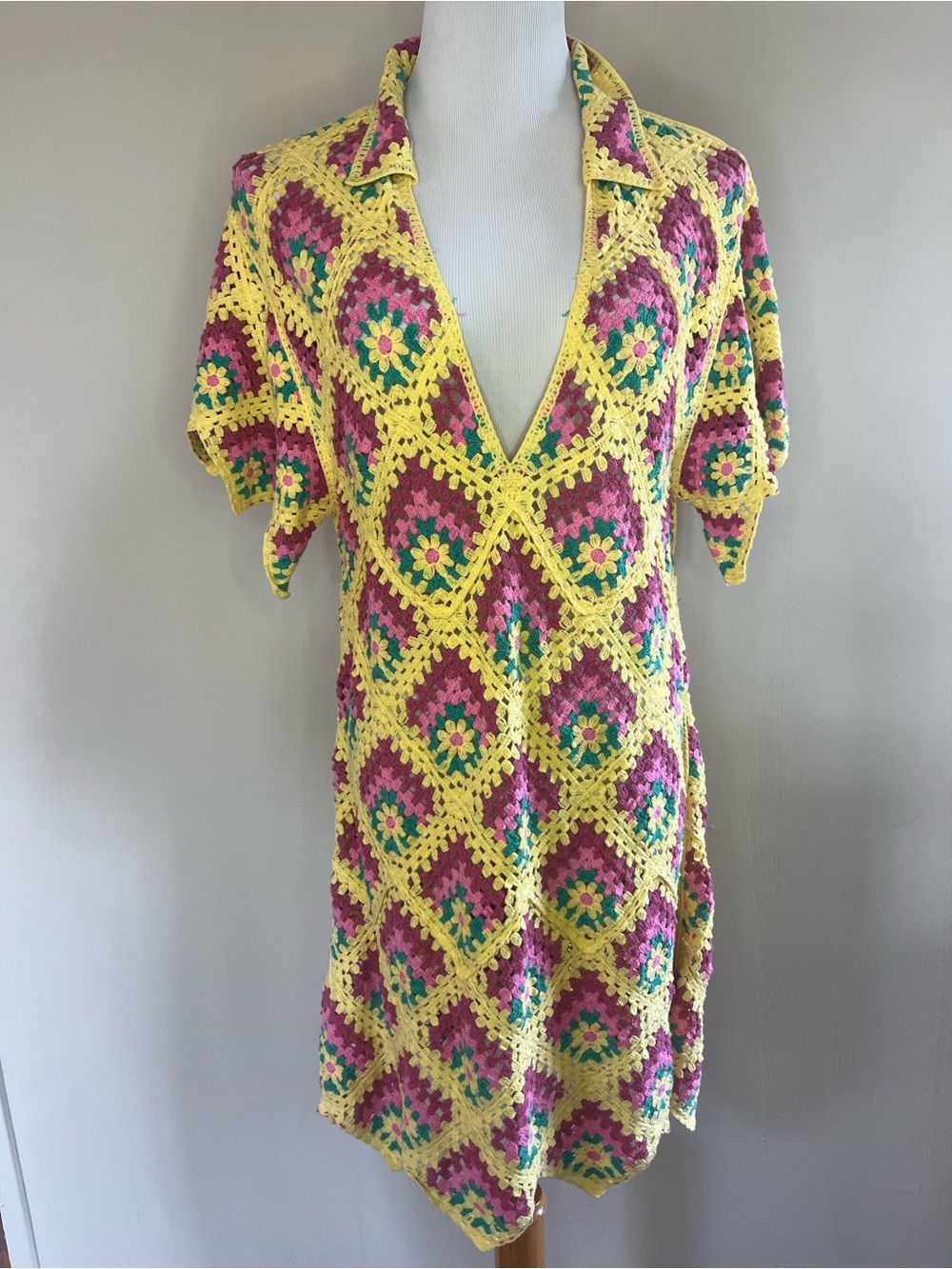 India Boutique Yellow & Pink Crochet V-Neck Coverup Dress